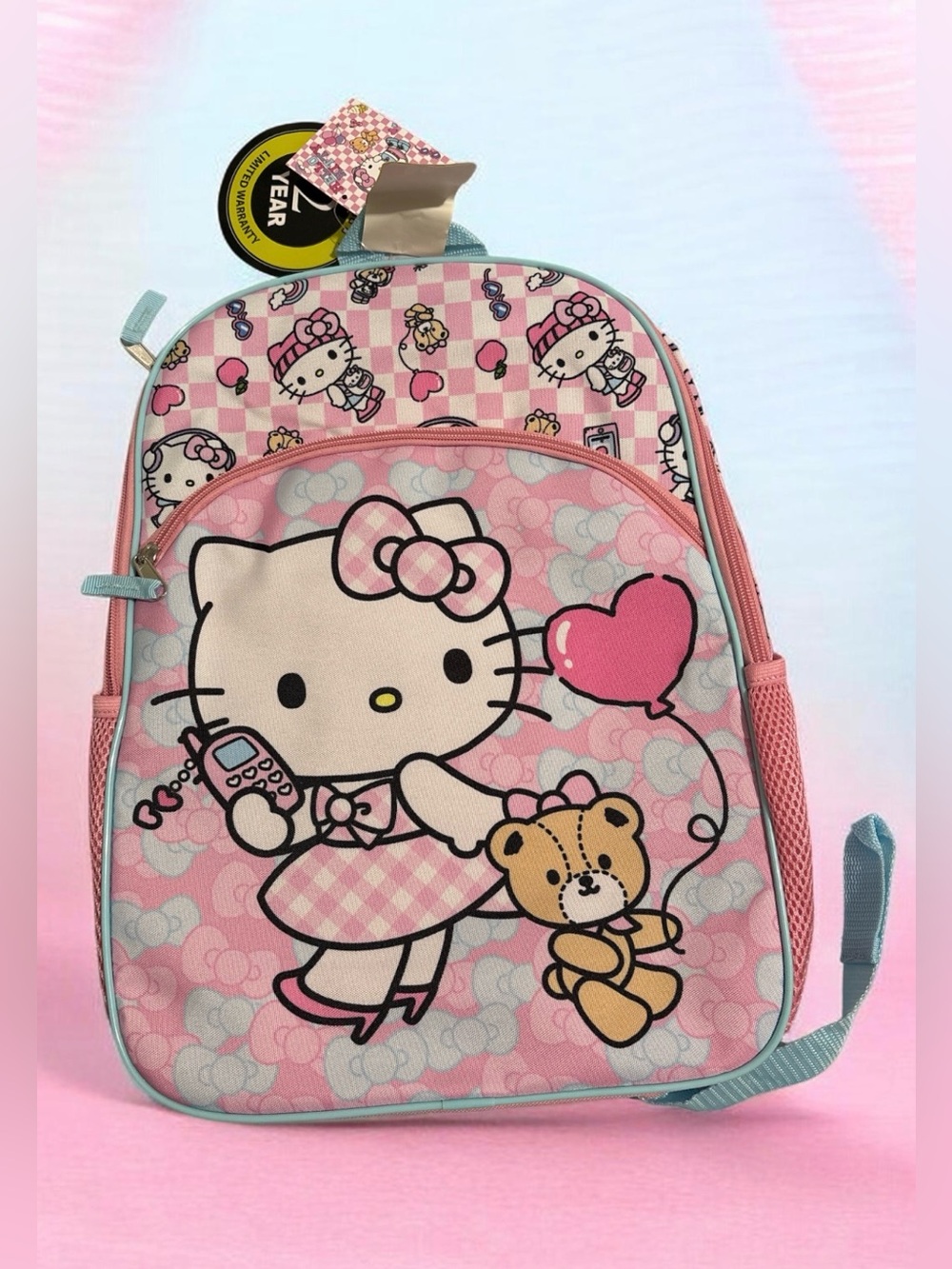 Hello Kitty Pink and Light Blue Kids School Backpack with Teddy Heart Graphic